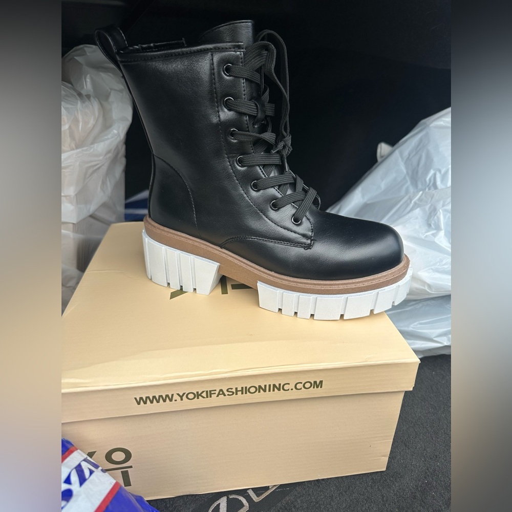 Yoki Black Combat Boots with White Soles